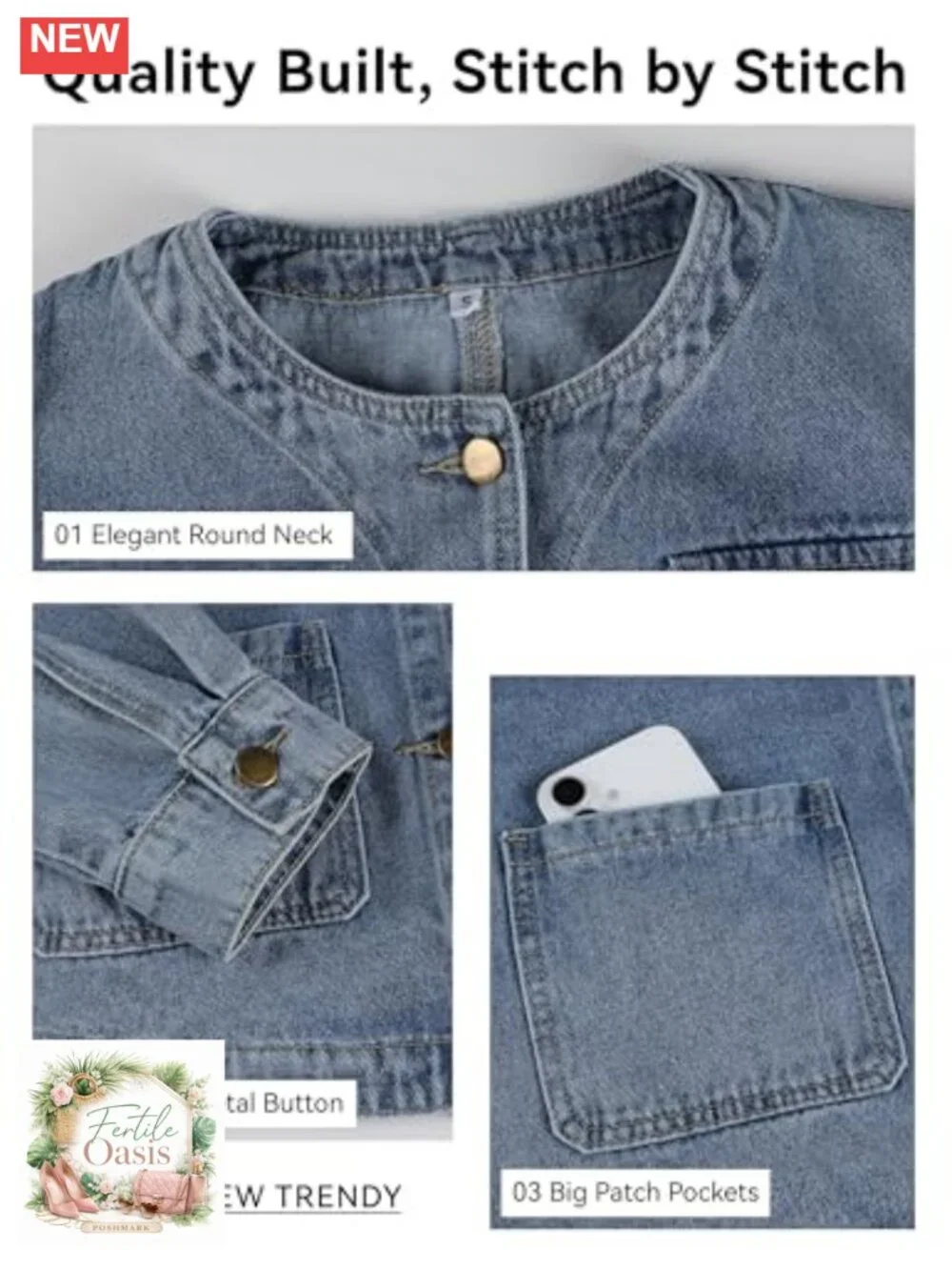 Womens Crop Collarless Denim Jacket Button Down Casual Fall Coat